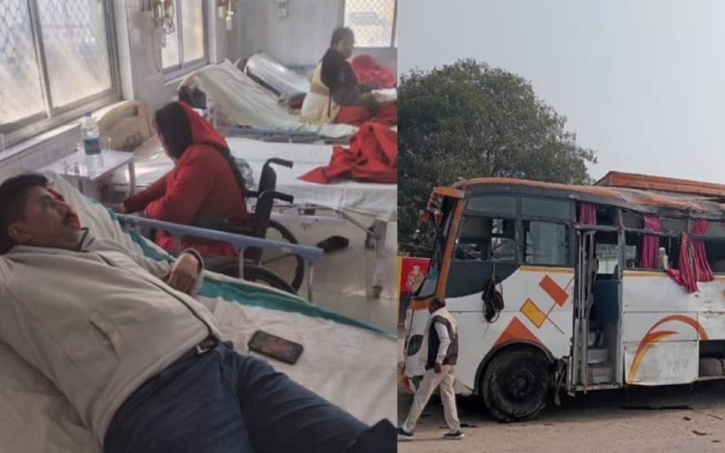 प्रयागराज अयोध्या हाईवे पर डिवाइडर से टकराकर पलटी श्रद्वालुओं से भरी बस, 28 घायल