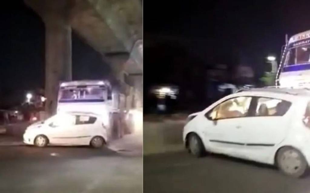 नशे में धुत ट्रक चालक ने कार को मारी टक्कर, कई किलोमीटर तक घसीटा कार, वीडियो देखकर अफसर भी हैरान