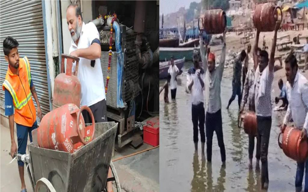 गैस सिलेंडर के बढ़े दामों का अनोखा विरोध-प्रदर्शन, सपा नेता ने सिलेंडर को कूड़ा गाड़ी में फेंका, 'आप' ने गंगा में बहाया